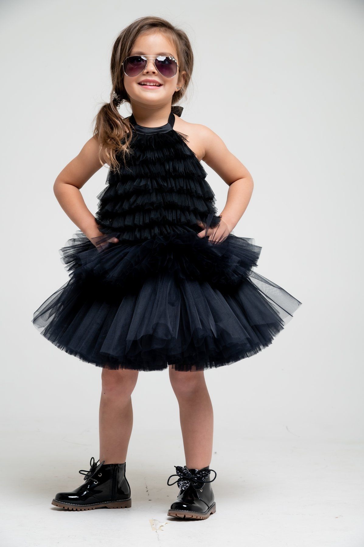 Fluffy tulle dress for girls "Selena" with ruffles on a cotton lining. Perfect for graduation, birthdays, and photo shoots. Color: black. Size: 86